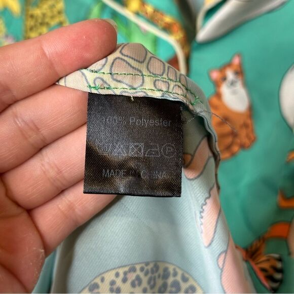 Karen Mabon Turquoise Animal Novelty Print Button Down Pj Top Sz L Boho Indie - Picture 7 of 8